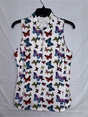 White Butterfly Print Sleeveless Zip Tank Top